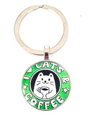 Cat Coffee Keychain Cute Kawaii Kitty Lover Gift Glass Cabochon Key Ring Detach